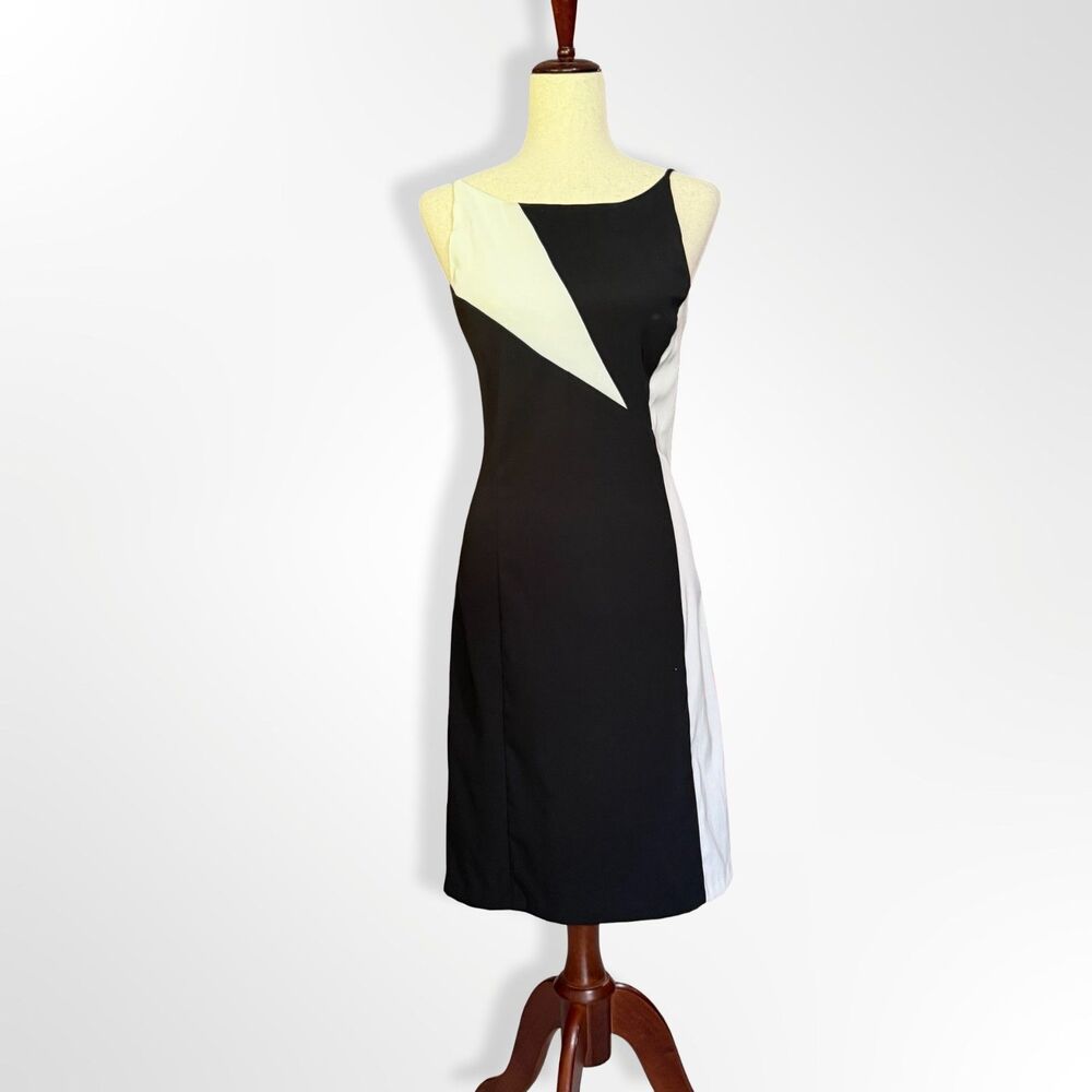 City Triangles, VTG 90s Geometric Black White Sleeveless Sheath Dress 6 Minimal